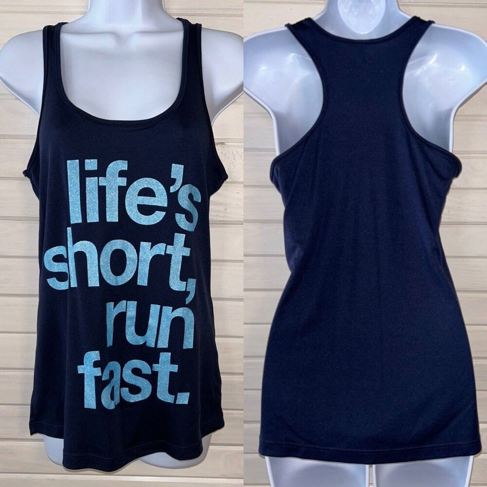Sarah Marie Design Studio Sz SMALL Blue Tank Top Life’s Short Run Fast EUC